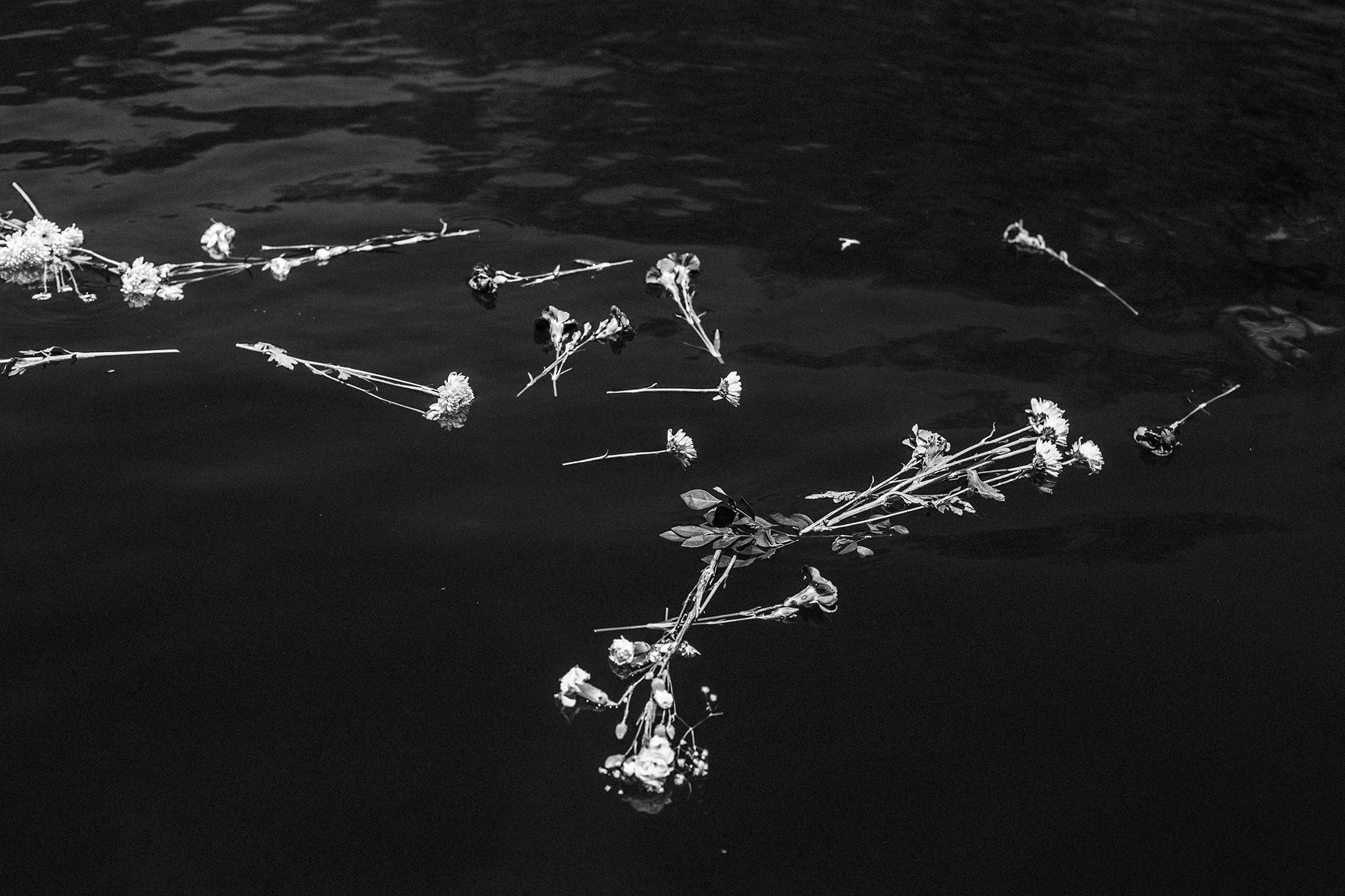 An offering of flowers floating in the Lempa, in memory of those who lost their lives while attempting to cross the river between Mar. 17 and 18, 1981.