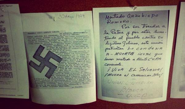 Copies of two death threats received by Monsignor Romero during his three years of archbishopric. One, signed by the "Unión guerrera blanca" and the other signed by "LaFalange".