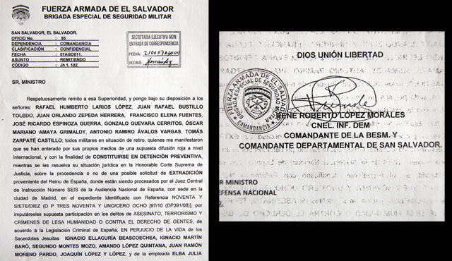 Acta militar firmada por el coronel López Morales en la que consigna haber recibido en la Brigada Especial a un grupo de militares requeridos por un juez de España.