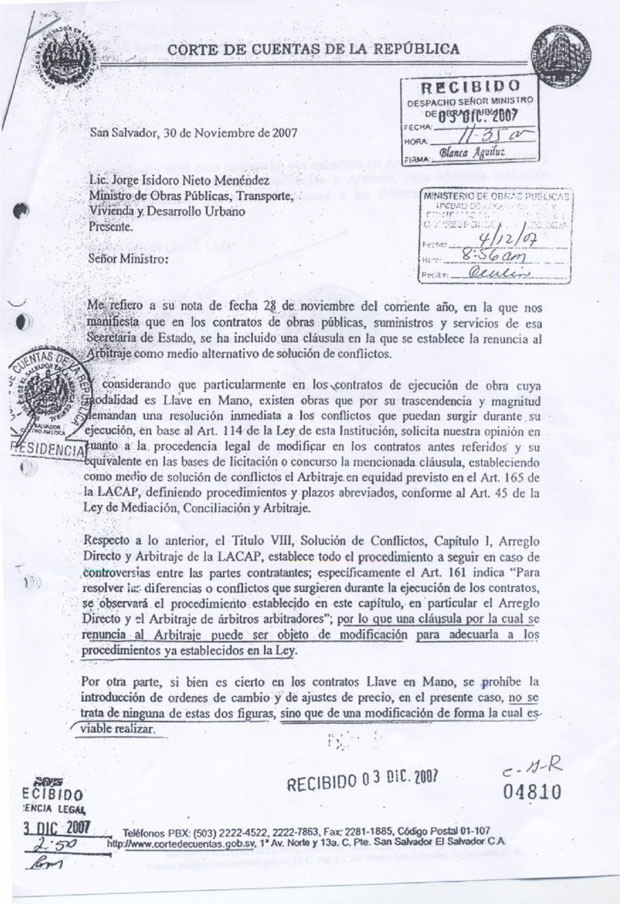 Corte de Cuentas avaló arbitraje entre MOP y consorcio Copreca-Linares