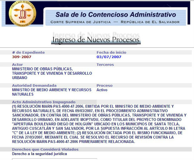 Captura de pantalla de la página donde se registra la existencia del caso en la sección de la Sala de lo Contencioso Administrativo del sitio web de la Corte Suprema de Justicia.