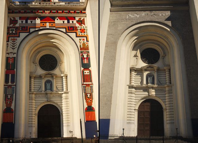 Fachada de la Catedral de San Salvador antes y después de que a finaldes de 2011 el arzobispo José Luis Escobar Alas ordenara la destrucción del mural de Fernando Llort, acto que hasta la fecha se mantiene impune bajo la mirada de las instituciones responsables.
