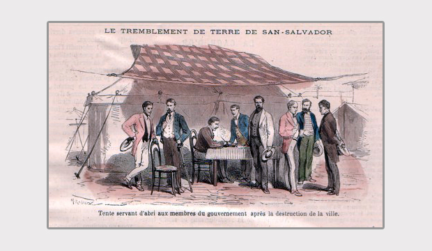 Estampa en la prensa francesa con escena con miembros del gobierno salvadoreño para ilustrar la noticia del terremoto en San Salvador de 1873.