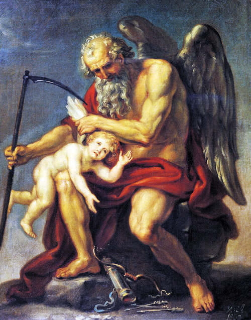 Una pintura de Crono-Saturno vestido de rojo con barbas blancas castigando a cupido por haberse portado mal. Un cuadro de la época imperial rusa pintado por Ivan Akimov﻿ en 1802.