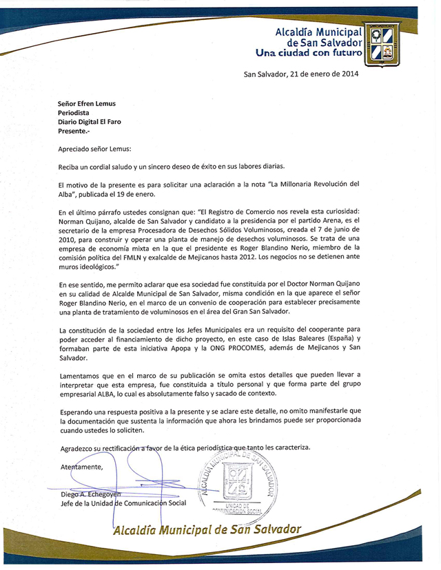 Carta de alcaldía de San Salvador a El Faro.