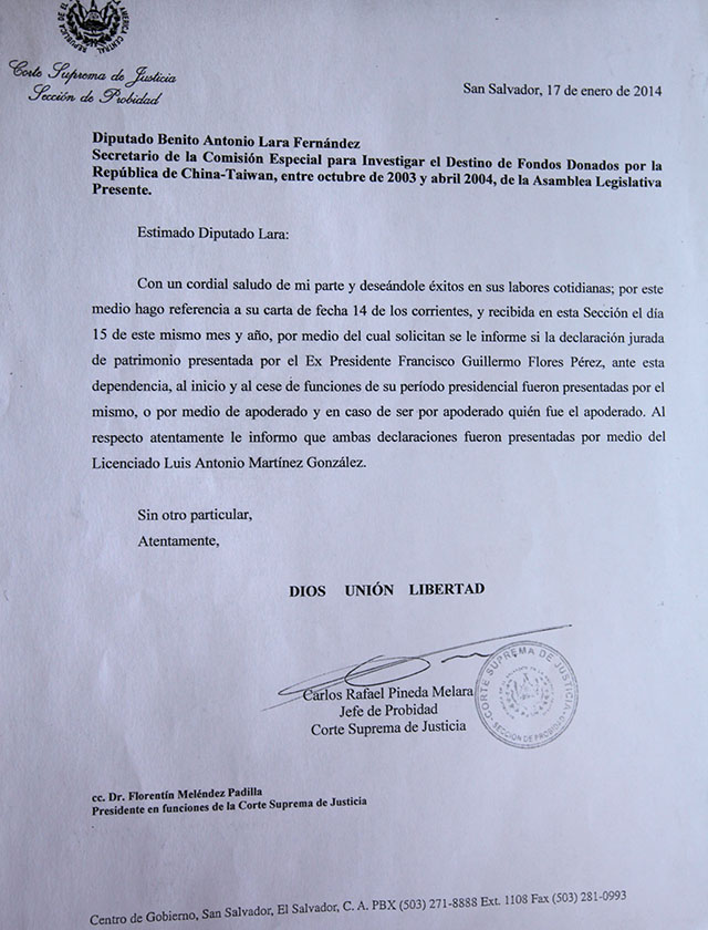 Respuesta de la Sección de Probidad a la Comisión Especial de la Asamblea Legislativa que investiga al expresidente Francisco Flores por los donativos de Taiwán.