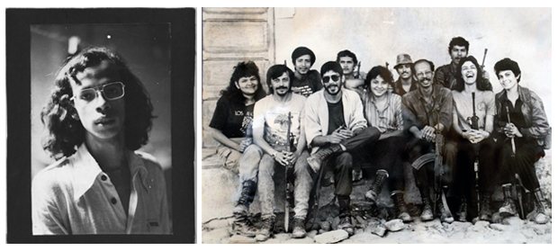 A la izquierda, Miguel Huezo Mixco a los 20 años, en 1974, en una foto de Arquímides Batres. A la derecha, en primera fila, tercero desde la derecha, en Arcatao, con el equipo de Radio Farabundo Martí. Circa, 1990.﻿ / Archivo de Miguel Huezo Mixco.