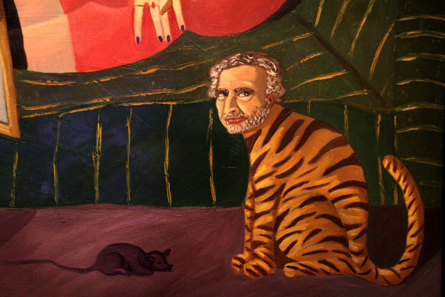 Detalle del tríptico "Alicia frente al espejo" donde Antonio Bonilla se autoretrata como un felino.