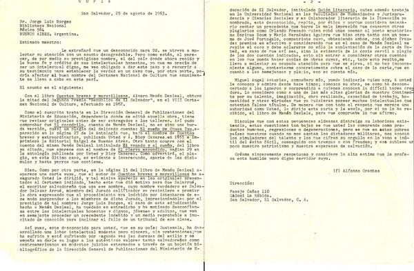 Imagen de la carta que Alfonso Orantes escribió a Jorge Luis Borges en agosto de 1963.