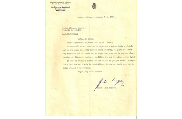 Imagen de la Carta de Jorge Luis Borges escribió a Alfonso Orantes en septiembre de 1963, en respuesta a la respuesta a la recibida un mes antes.