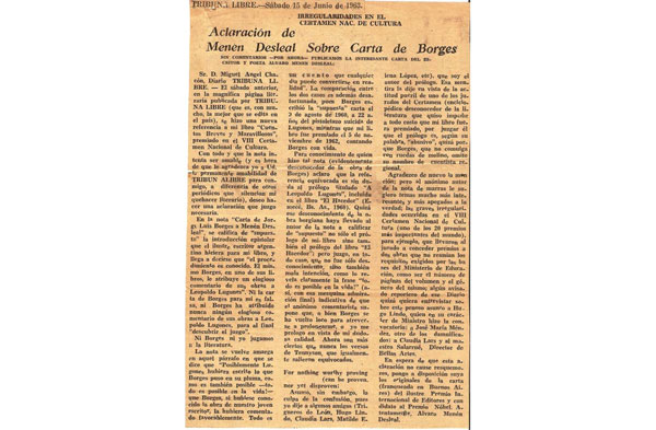 Imagen de artículo de prensa firmado por Álvaro Menéndez Leal aclarando el episodio de la carla de Borges, en junio de 1963.