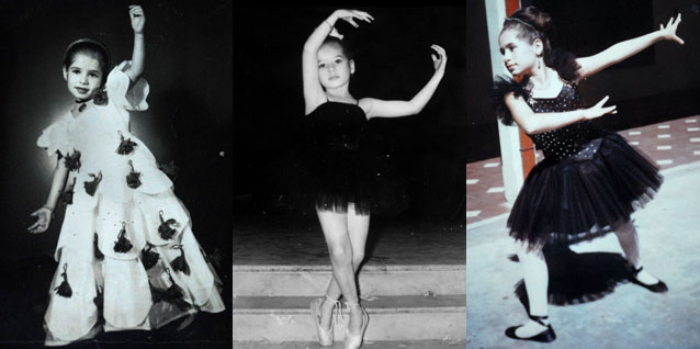 Ana Ruth Aragón en fotos de su infancia: a la izquierda en una foto de estudio con vestuario de danza, al centro una foto a los 5 años en el Teatro Nacional de San Salvador, y en la derecha, en el Colegio Santa Isabel, en Cojuteque. Fotos cortesía de la familia Labrador Aragón.