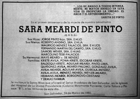 Esquela de la invitación a misa del primer aniversario de la muerte de Sara Meardi de Pinto. El servicio religioso lo oficiaría monseñor Óscar Arnulfo Romero. Foto: El Faro.