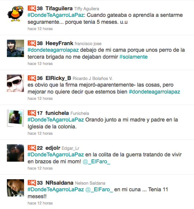 Time Line de la cuenta de Twitter con las primeras respuestas a la pregunta ¿Dón de te agarró la paz?
