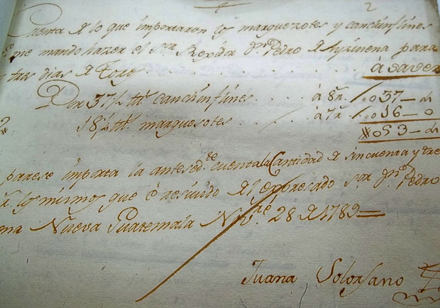 Juana Solórzano recibió 53 pesos por los marquesotes y los cachinflines que se usaron en los tres días de corridas de toros como víspera para la ceremonia de jura﻿. Firmó el recibo el 28 de noviembre de 1789.﻿