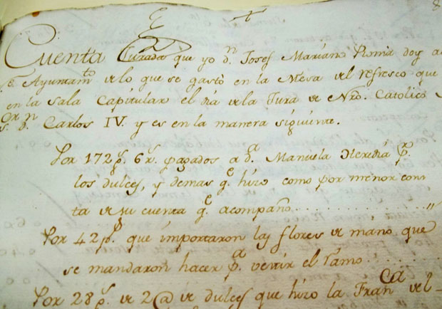 Las Heredia. Cuenta de pagos del Ayuntamiento a Manuela Heredia, por los refrescos servidos en la sala capitular, noviembre de 1789.﻿