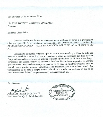 Carta enviada por la Cooperativa de El Espino al abogado José Roberto Argueta Manzano en la que se retractan en lo vertido a El Faro durante una entrevista en 2010