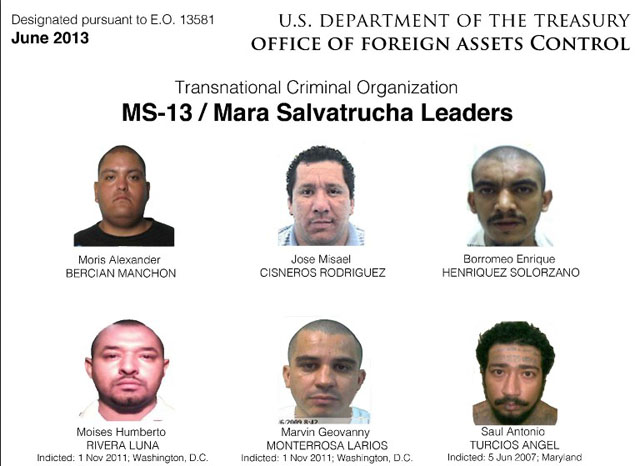 Imagen publicada por el Departamento del Tesoro de Estados Unidos donde se muestran a seis miembros de la Mara Salvatrucha. Foto AFP This image released by the US Treasury Department shows six leaders of the Salvadoran gang 